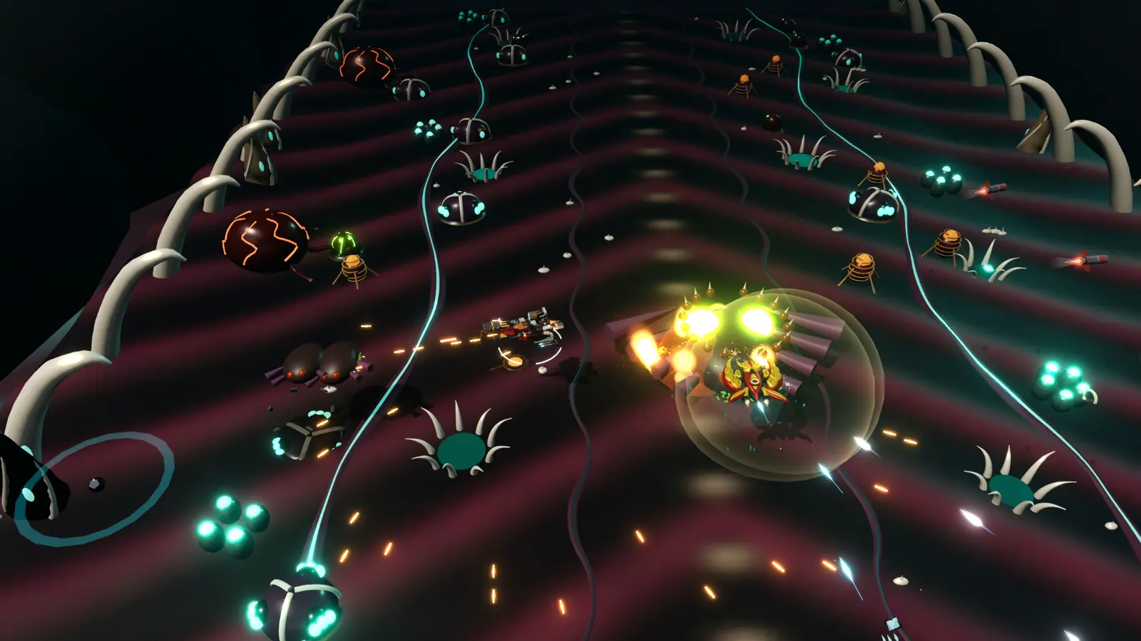 Two ships fighting inside the Brood Scar hive; one is wrapped in a shield bubble while glowing insect enemies close in.