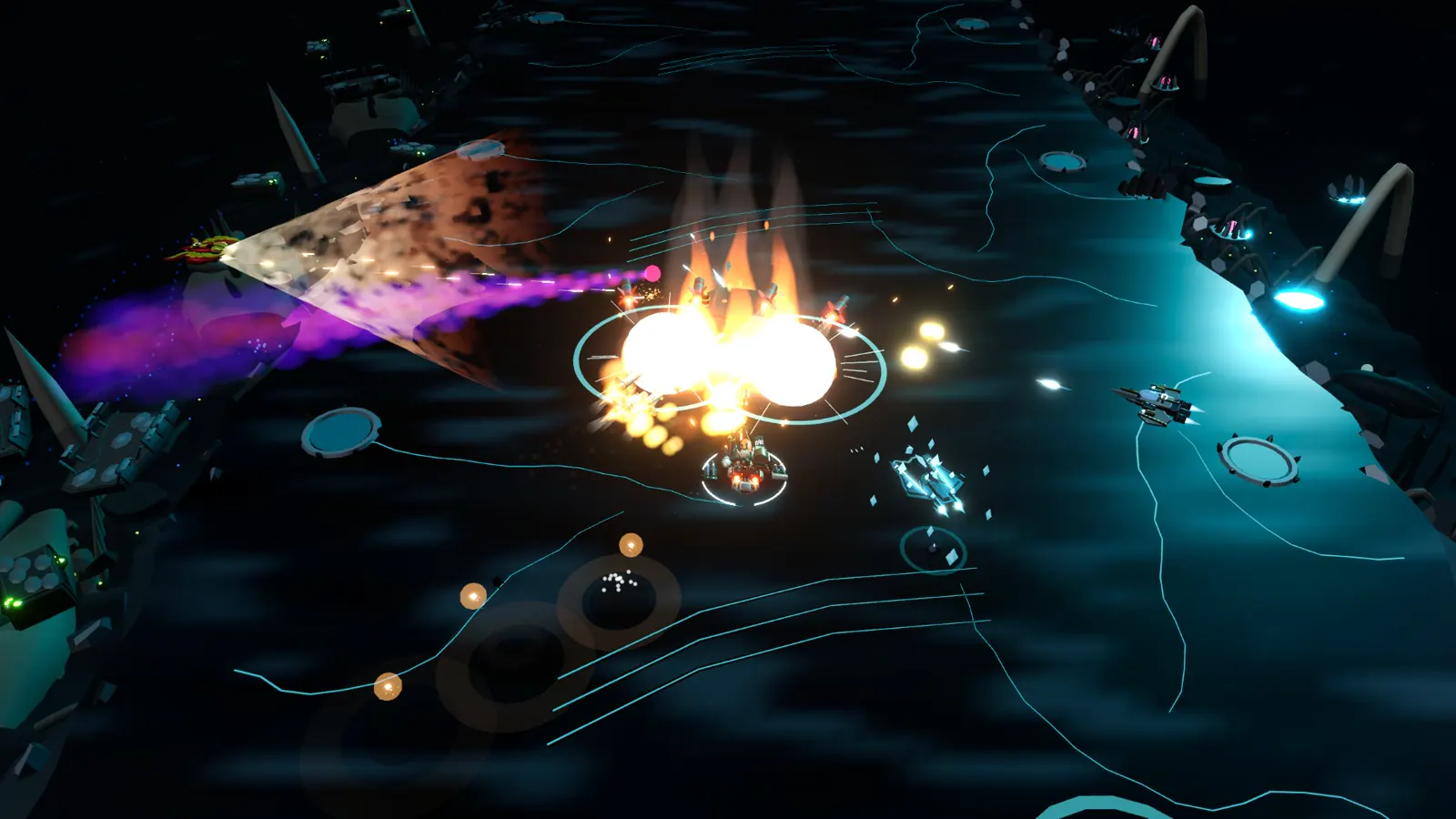 Explosions over dark black ice in Frostfall as a squad fights a deep-sea creature.