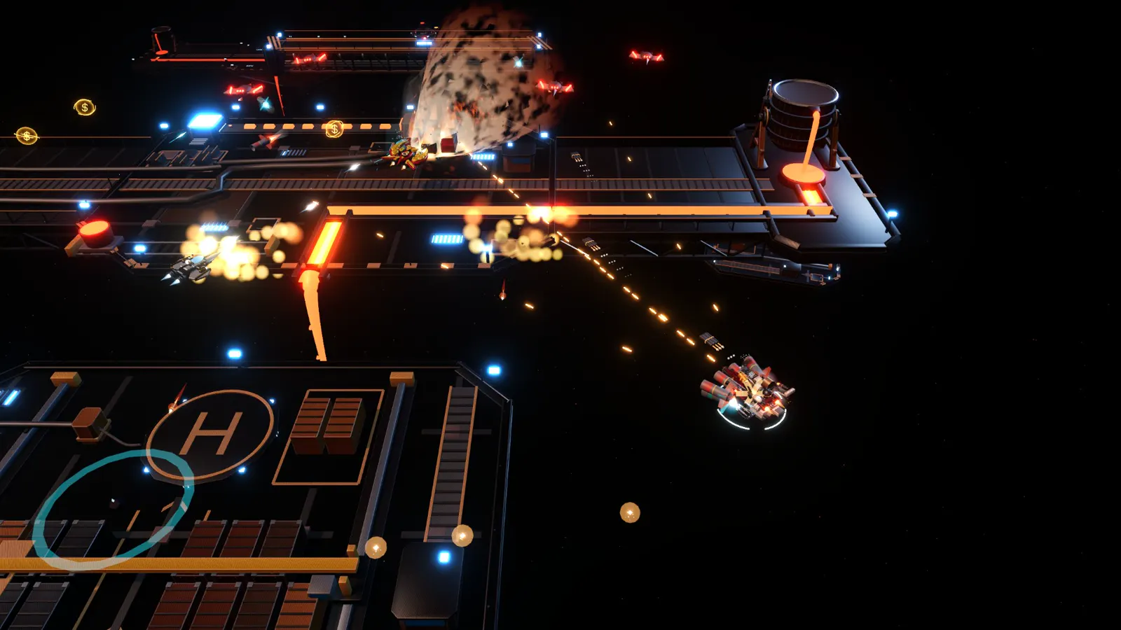 A ship strafing a slag cannon across glowing orange foundry decks in Crucible Drift.