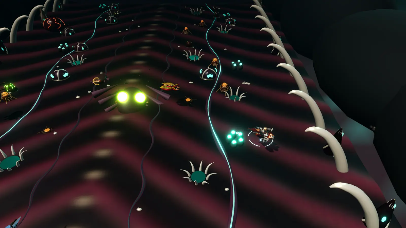 A ship moving down a ribbed hive tunnel in Brood Scar, with glowing green-eyed insects ahead.